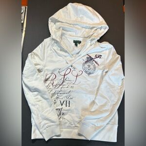 Lauren Ralph Lauren Women White Cotton Hoodie w/Graphic and Crest Logo Size S